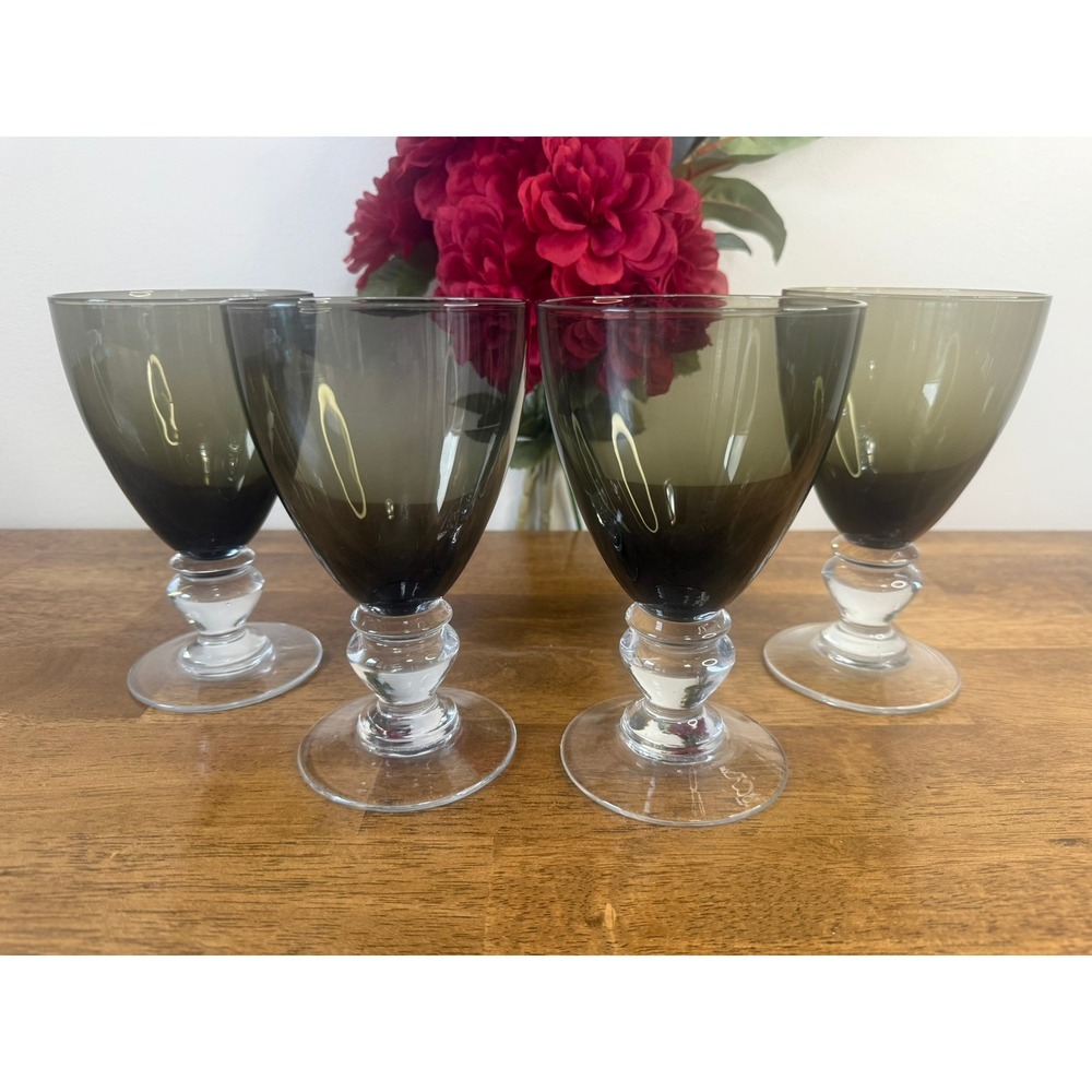 Vintage Smoked Glass Goblets Clear Stem Water Wine Glasses Style‎ Retro Barware